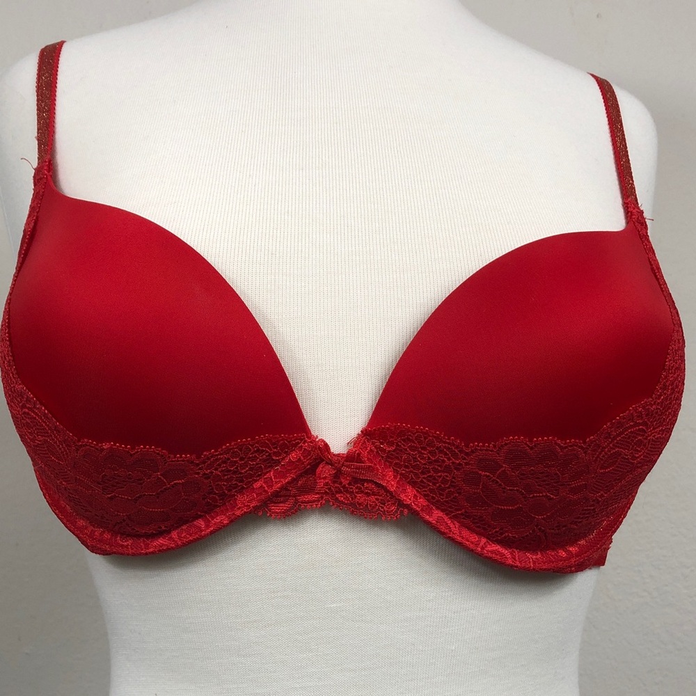 Victorias Secret Red Shimmer Gold Lace Push-Up Bra 34C Dream Angels Plunge
